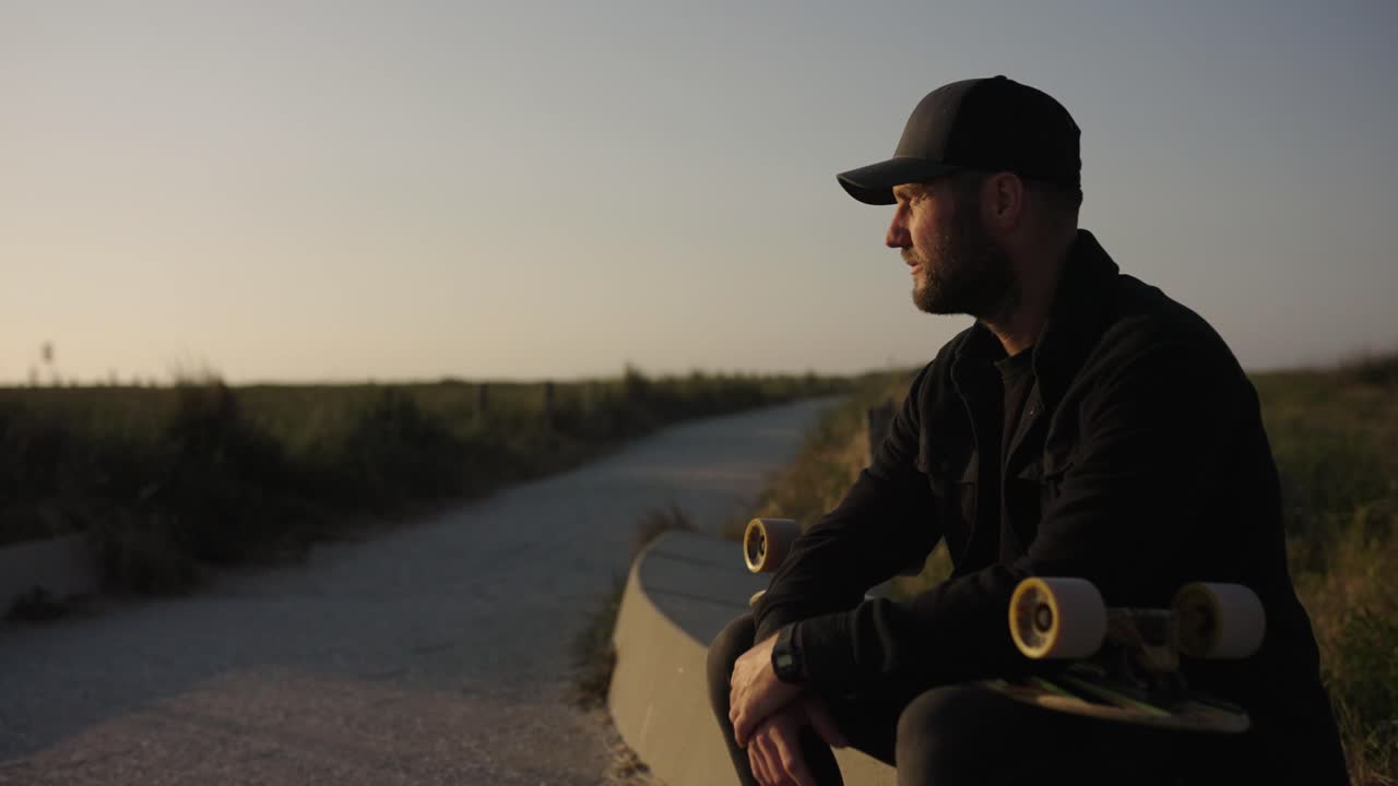 Dolly forward shot of male skater with beard resting on promenade and enjoying sunset light