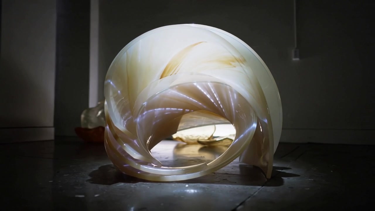 Panning camera revealing translucent spiral sculpture in gallery, aiming to show broken fragments