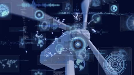 animation of data processing with scope scanning and light trails over wind turbine