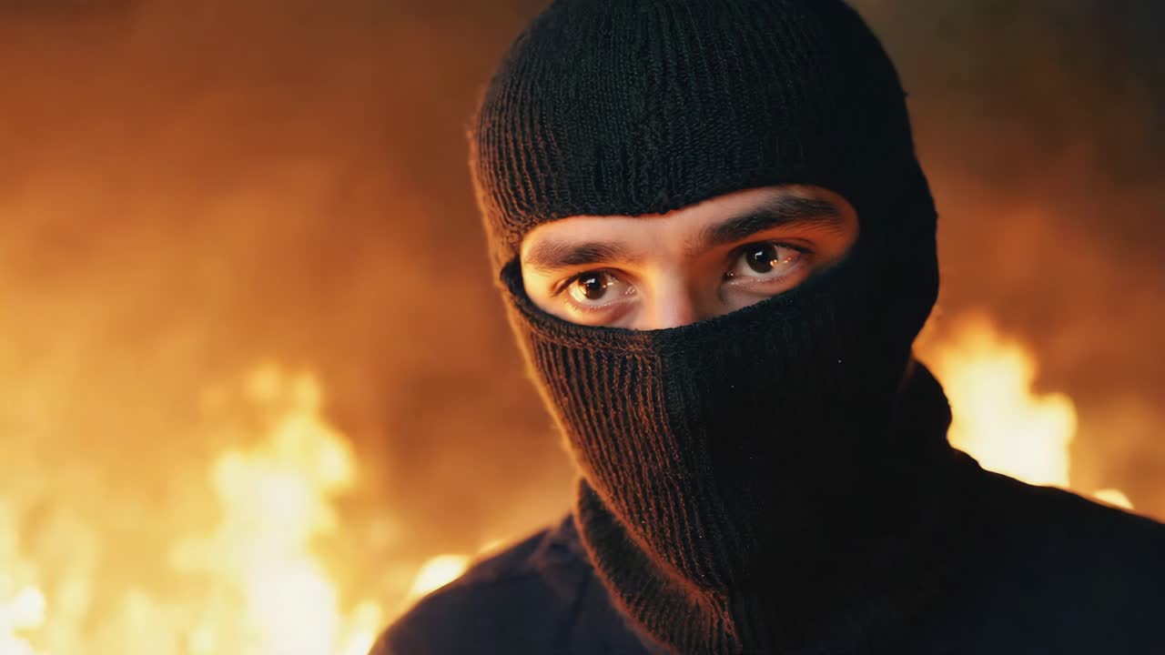 Person wearing a balaclava in front of fire