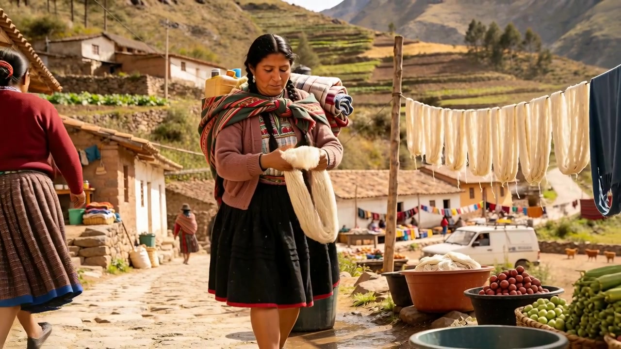 Dipping skein in bucket, woman in skirt wringing and hanging wool for drying on stone path