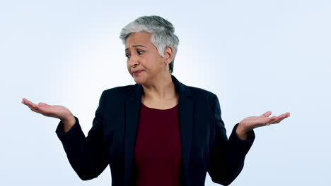 confundido, manos y mujer de negocios senior