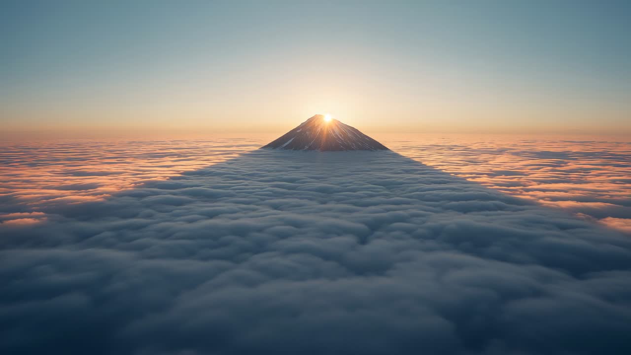 Cresting sun disk revealing volcanic summit at sunrise, illuminating cloud sea with warm bands