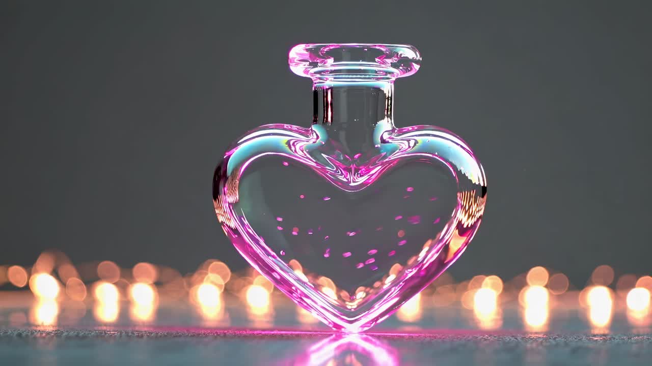 Bottiglia di vetro a forma di cuore con liquido rosa