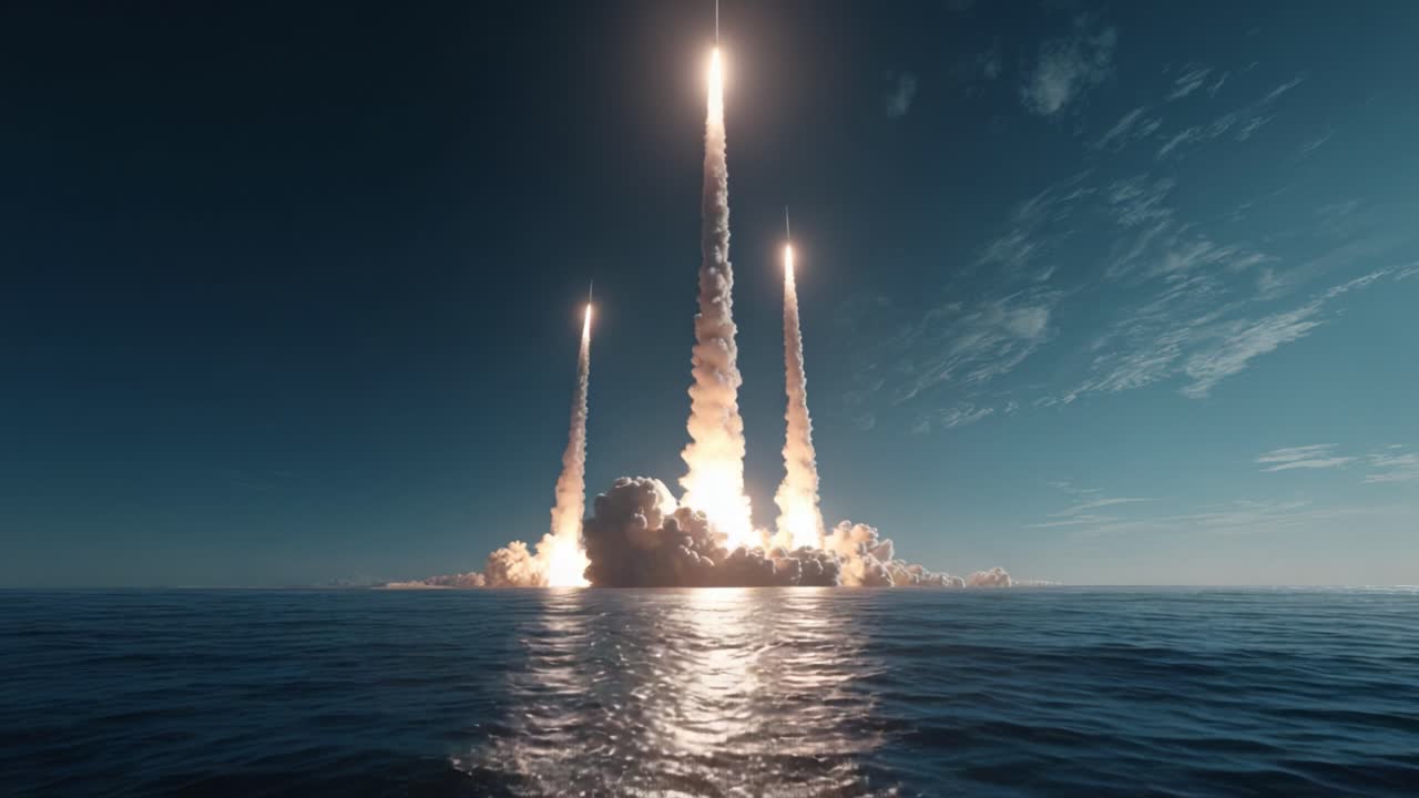 Spectacular Launch Sequence: Three Rockets Ascend Gracefully from Ocean Waters, Illuminating the Sky with Bright Flames and Billowing Smoke in an Awe-Inspiring Display of Technological Prowess