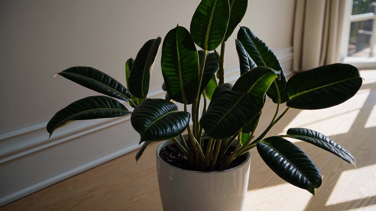 Ficus Elastica in Vaso in un Interno Soleggiato