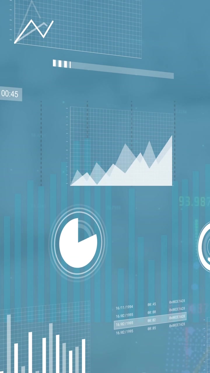 Animation af statistik og finansiel databehandling over blå baggrund