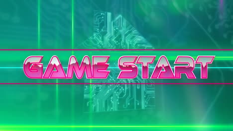 texto de inicio del juego en banner de neón sobre conexiones de microprocesador que forman una casa sobre fondo verde