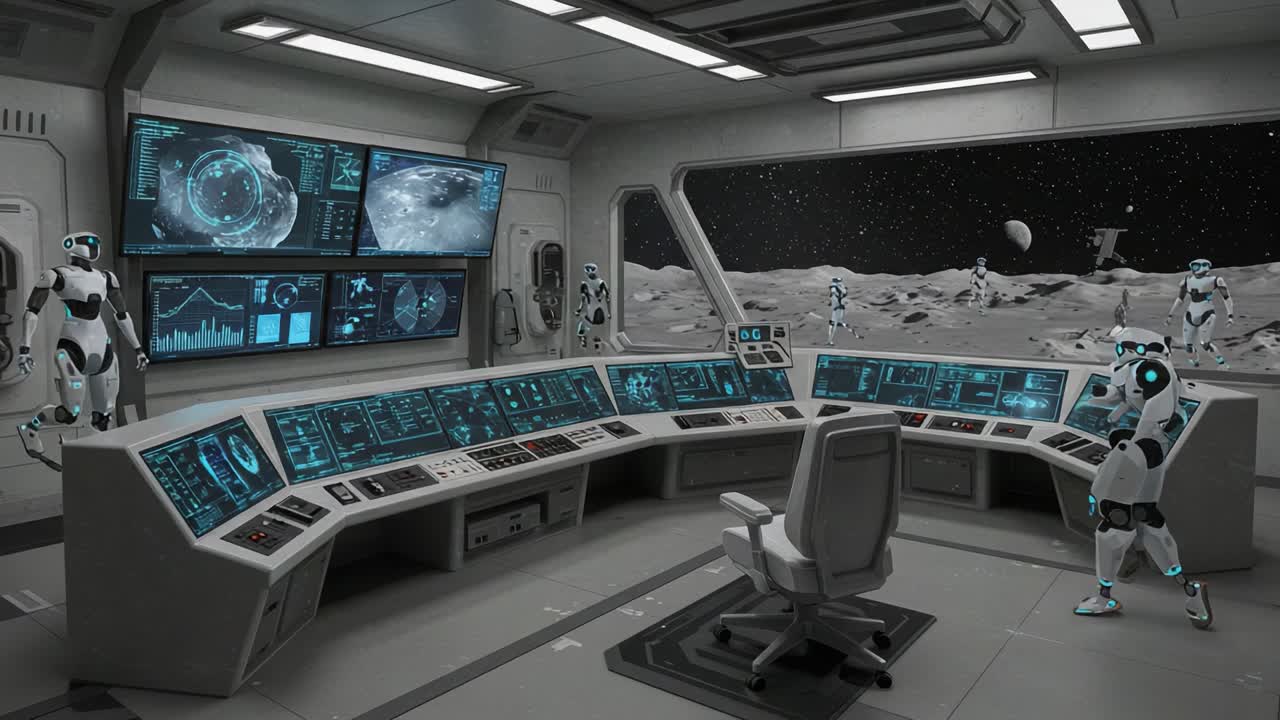 Futuristic Lunar Command Center with Robots: A High-Tech Control Room Overseeing Moon Operations and Exploration Activities in a Sci-Fi Atmosphere