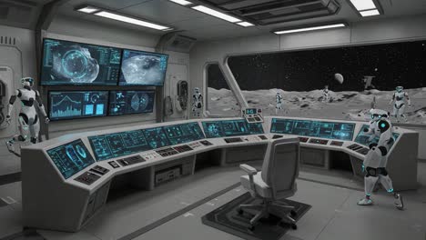 futuristic lunar command center with robots: a high-tech control room overseeing moon operations and exploration activities in a sci-fi atmosphere