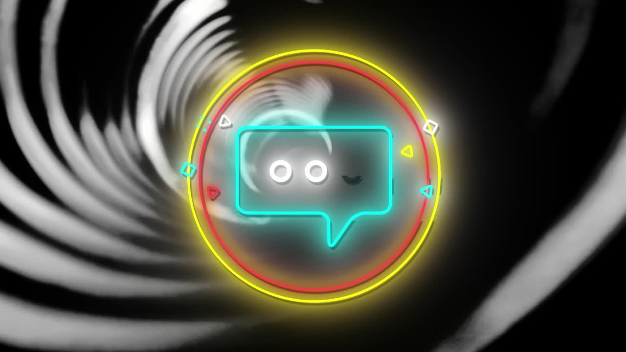 Animation of blue neon speech bubble in red and yellow rings, over moving white rings on black
