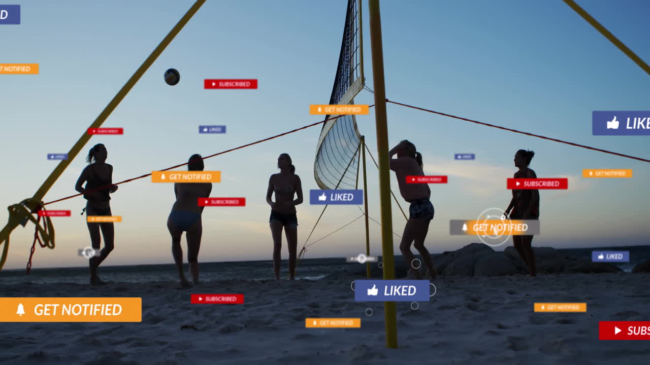 Playing beach volleyball, people engaging with animation of social media notifications