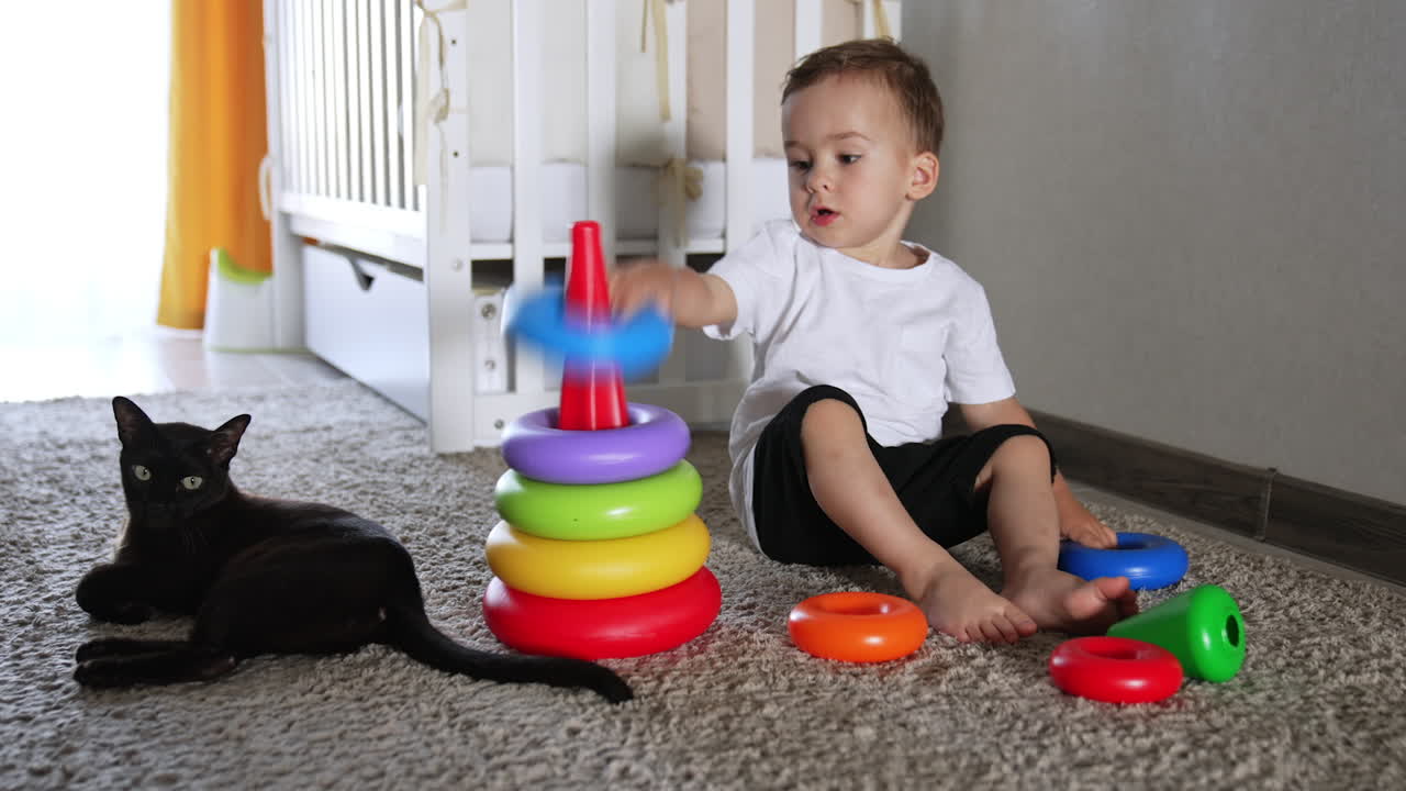 Baby boy building toy pyramid sitting on the floor. Black cat lies calm beside waving his tail.