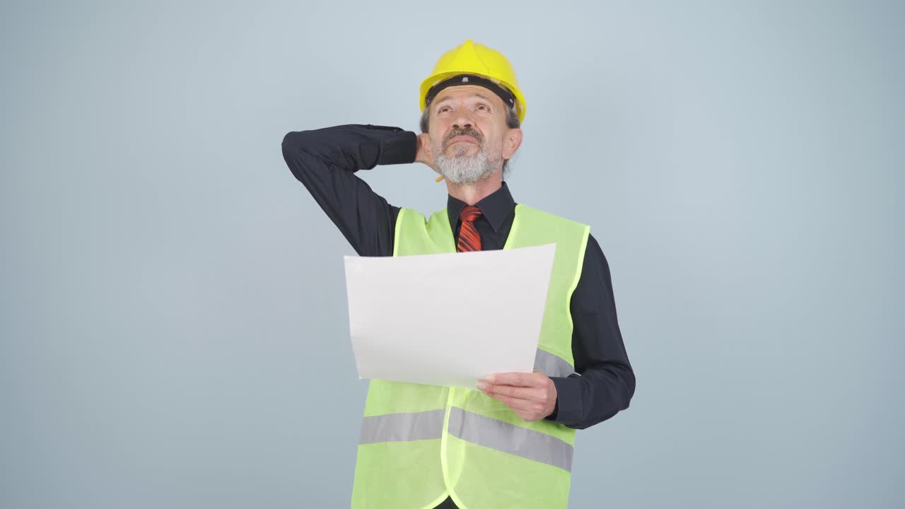 위를 바라보며, 엔지니어는 그의 튼튼한 모자를 들고 있습니다.