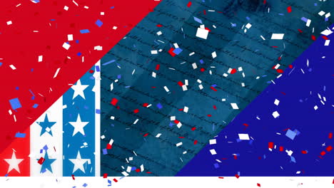 animation of red, white and blue confetti and stars and stripes patterns of american flag elements