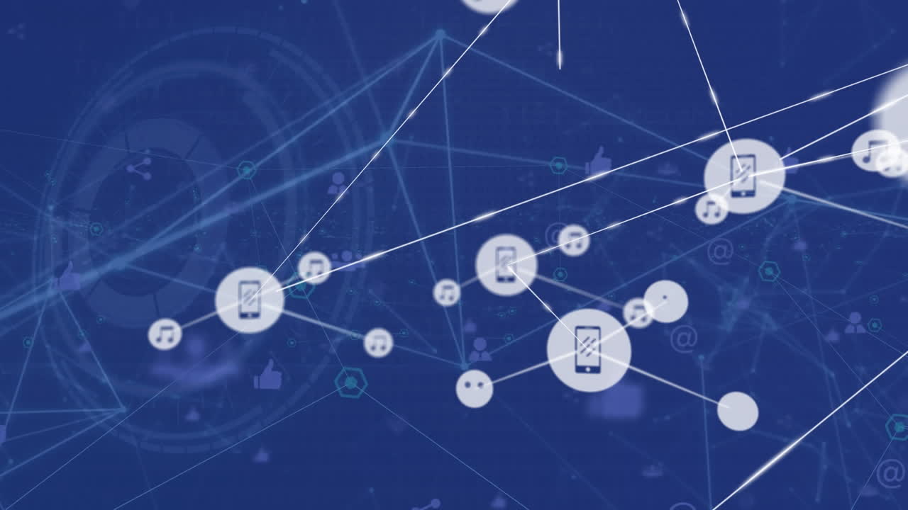 animación de una red de iconos digitales sobre un escáner redondo contra un fondo azul.