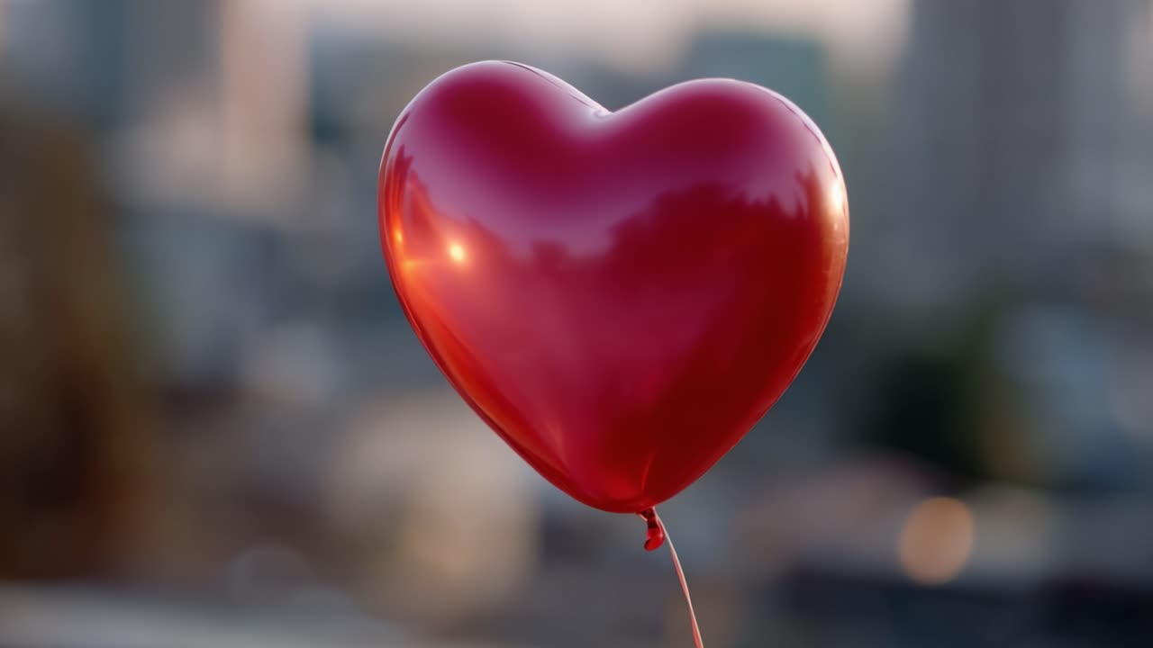 Živý červený balónek ve tvaru srdce se ladně vznáší na jemném městském pozadí za soumraku a zachycuje okamžik lásky a radosti ve vzduchu.