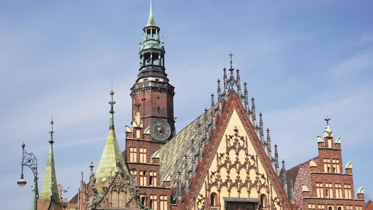 Ornate Gothic facade of Wroclaw old Town Hall, now museum of Bourgeois Art