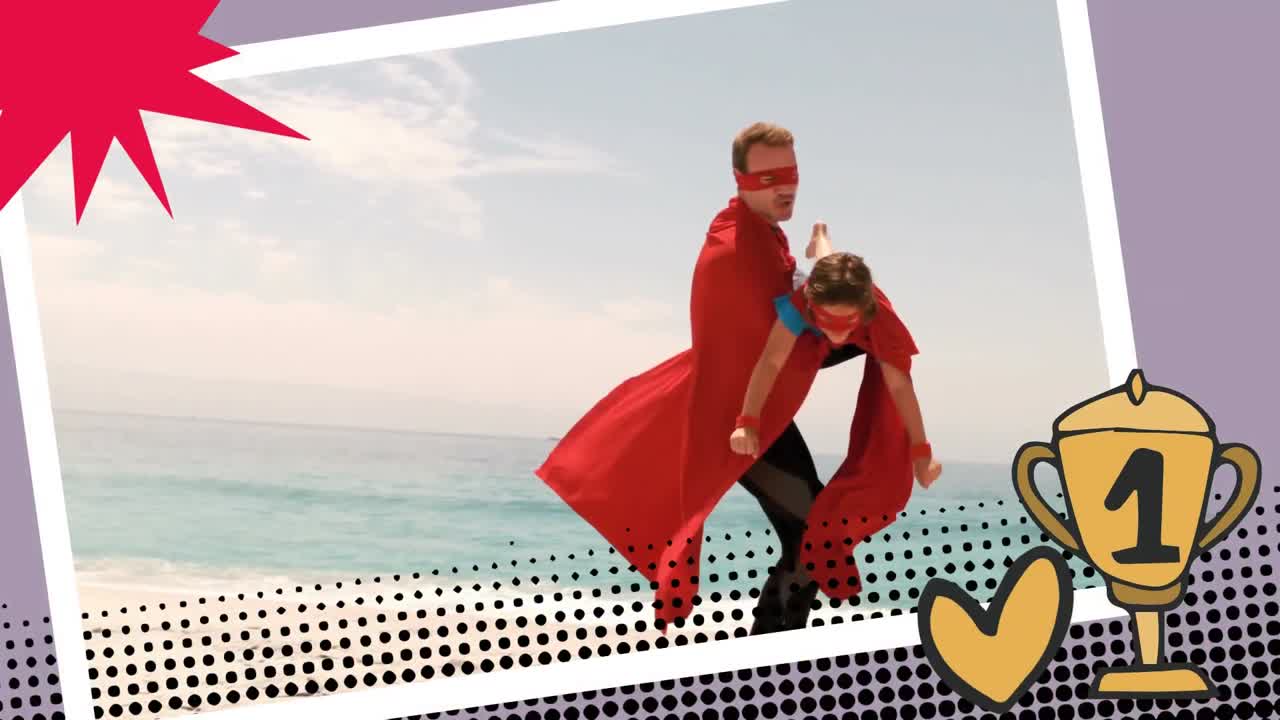 아버지와 아들이 슈퍼히어로를 연기하고 있습니다.