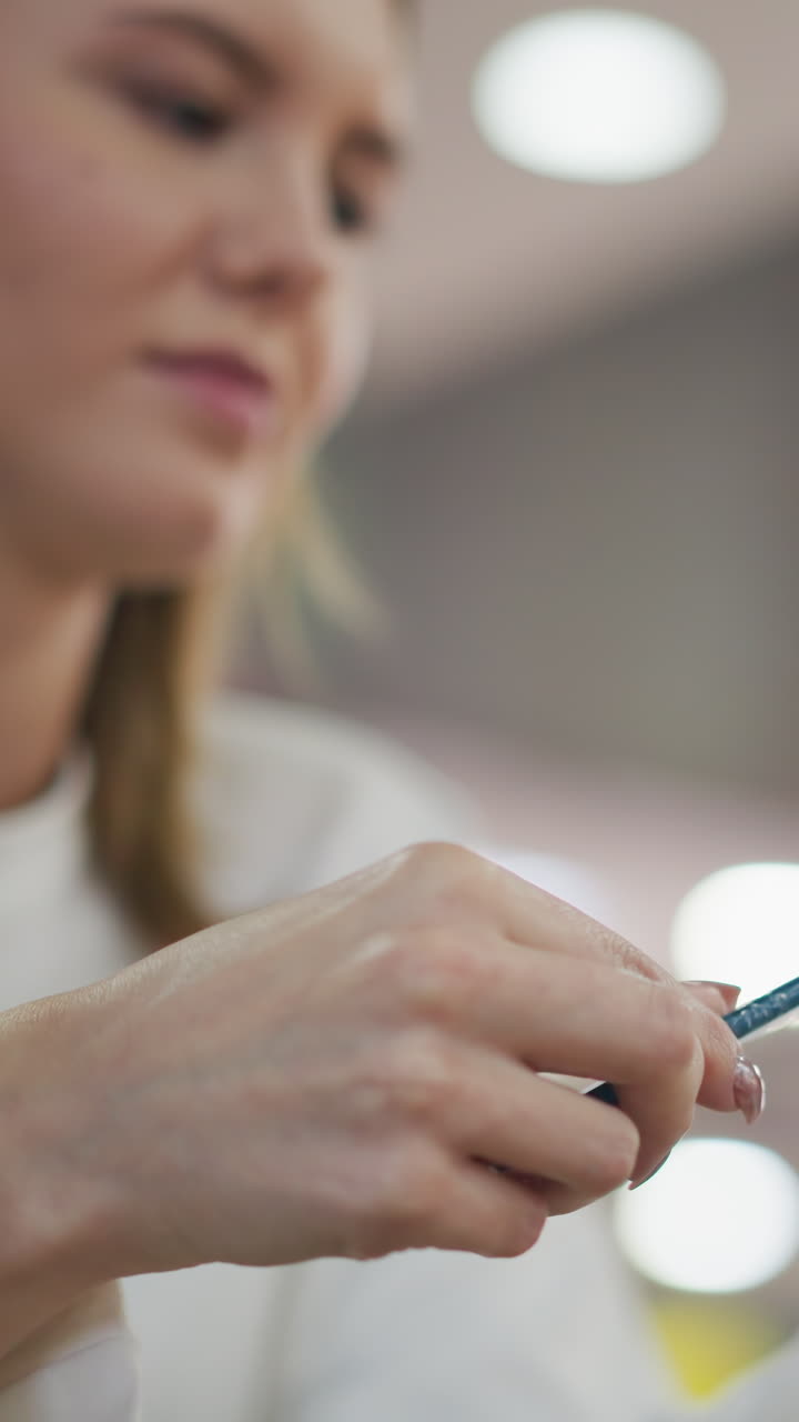 primer plano de una mujer examinando cuidadosamente una paja azul con un fondo moderno borroso con iluminación suave y efectos bokeh