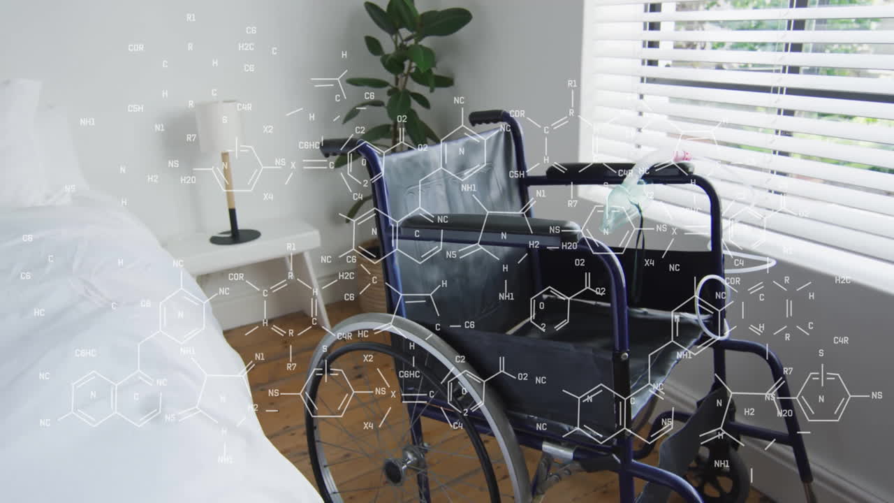 Animation of chemical formula over empty wheelchair
