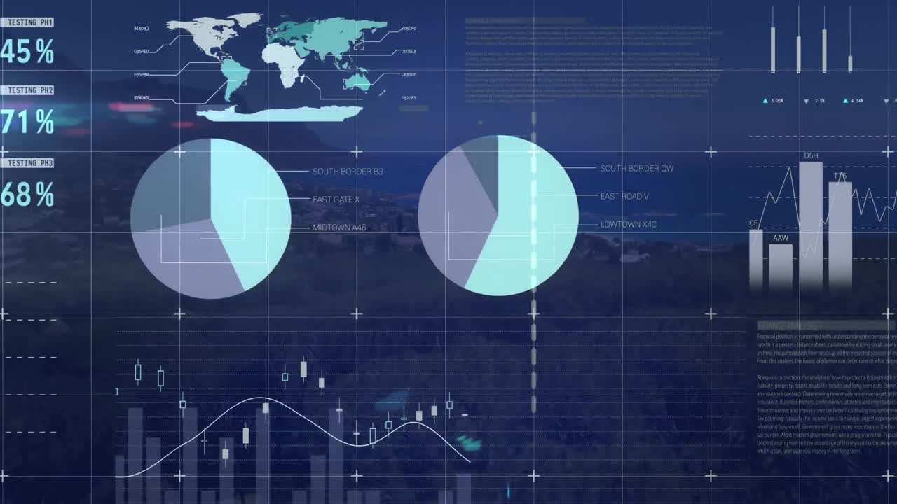 Animation of financial data processing over cityscape