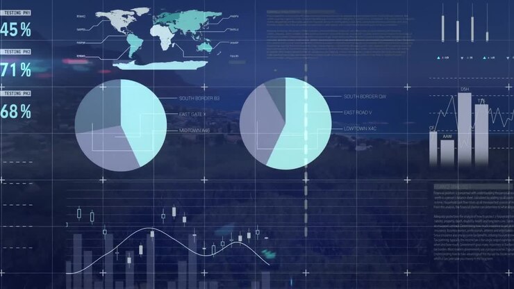 Animation of financial data processing over cityscape