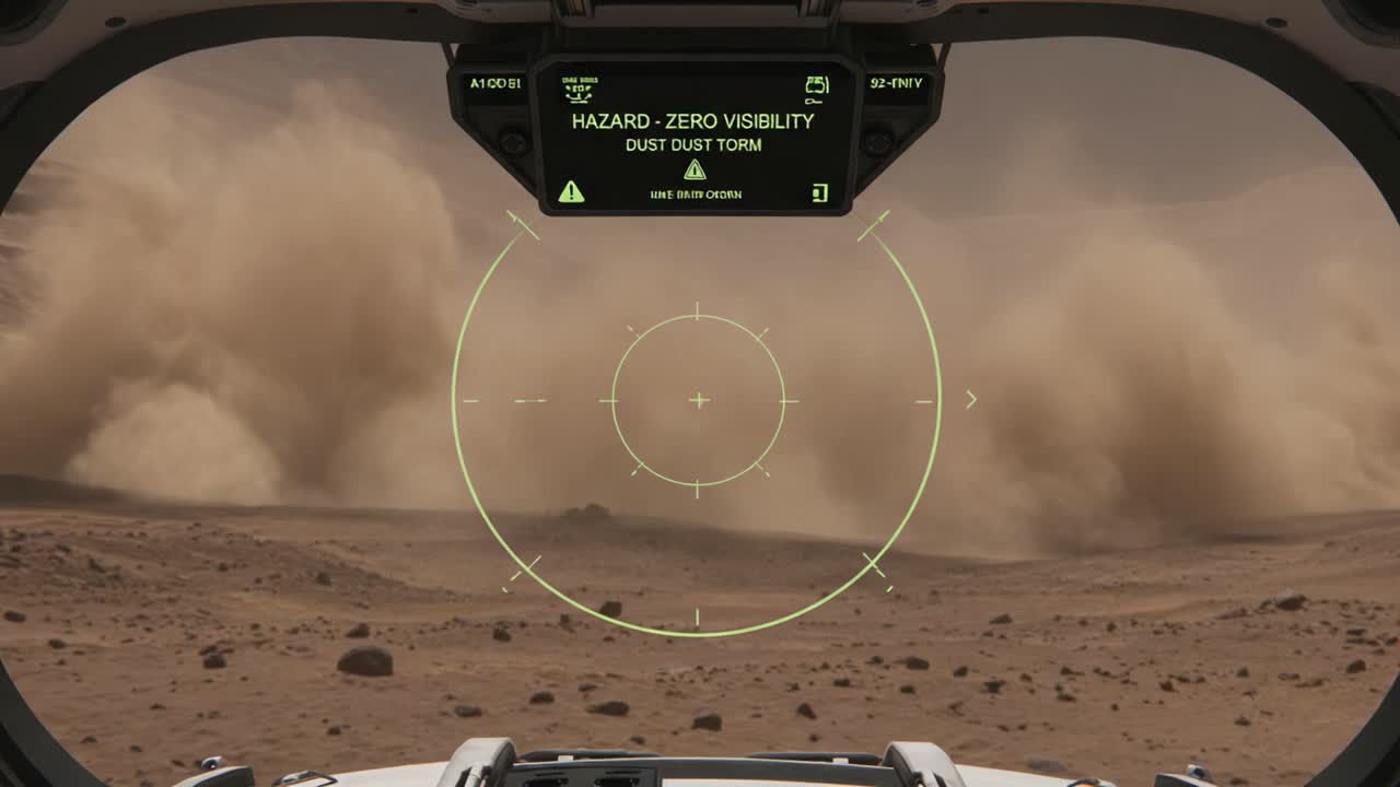 Experiencing a Dust Storm on an Extraterrestrial Landscape: A View from the Cockpit Capturing the Intensity of Hazards in Zero Visibility Conditions
