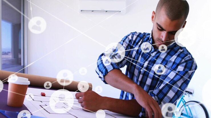 Architect measuring with compass, sparking network overlay while checking phone and tuning plans
