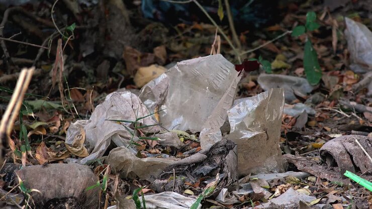 Inquadratura statica ravvicinata esterna di un grosso pezzo di plastica che si distrugge nella giungla di giorno