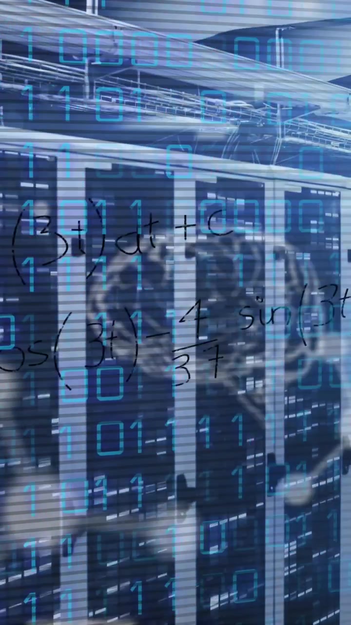 Animation of data processing with molecules, brain and mathematical equations over server room