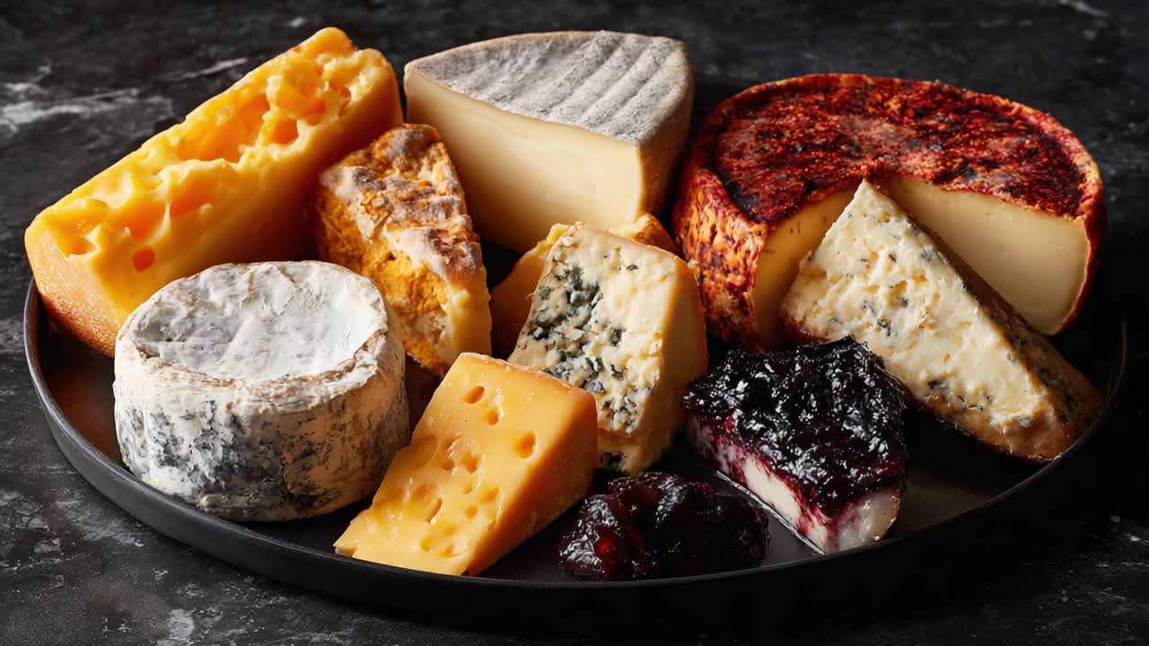 A Beautiful Array of Artisan Cheeses and Accompaniments Showcasing Distinct Textures, Flavors, and Colors on a Stylish Serving Platter for Cheese Enthusiasts and Gourmets