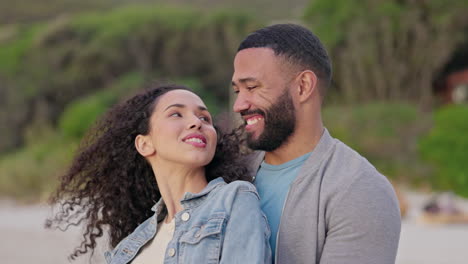 happy, hug and couple on a beach