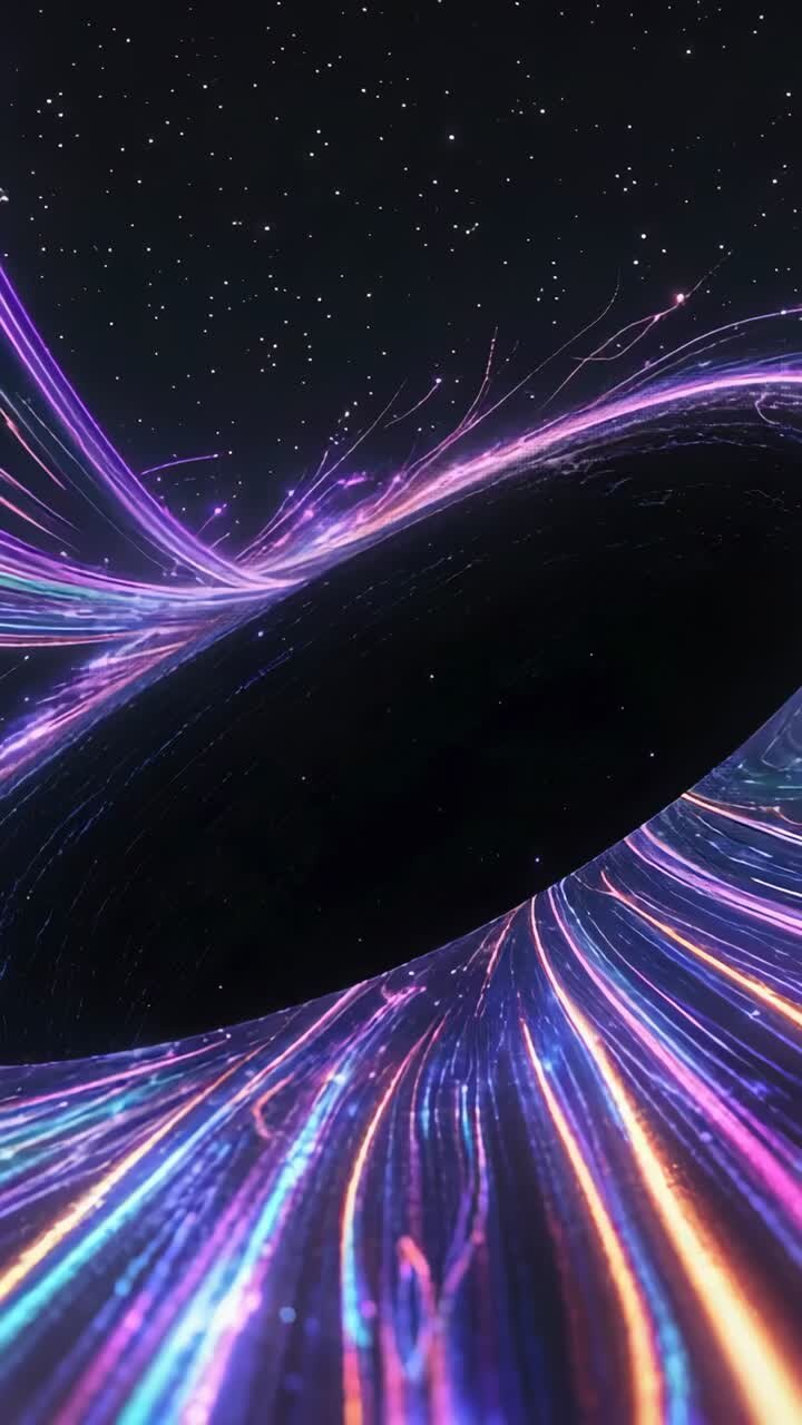 Vertical video: Rotating void pulling light ribbons into swirling vortex in outer space, stars