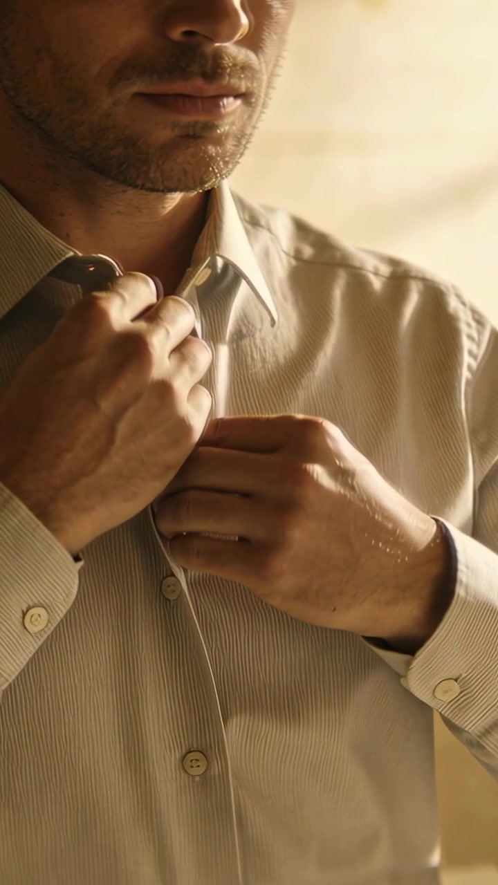 Vertical video: Preparing for meeting, man fastening collar button on shirt at home, ring visible