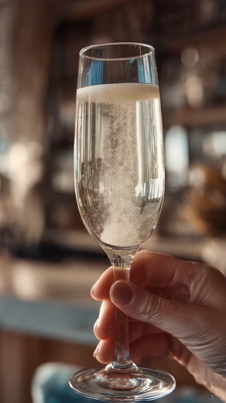 Un primo piano di una bevanda frizzante in un bicchiere a flûte, che mostra l'effervescenza e le tonalità dorate in un elegante ambiente da bar.