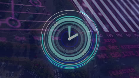 animación de reloj en movimiento y procesamiento de datos sobre el paisaje urbano