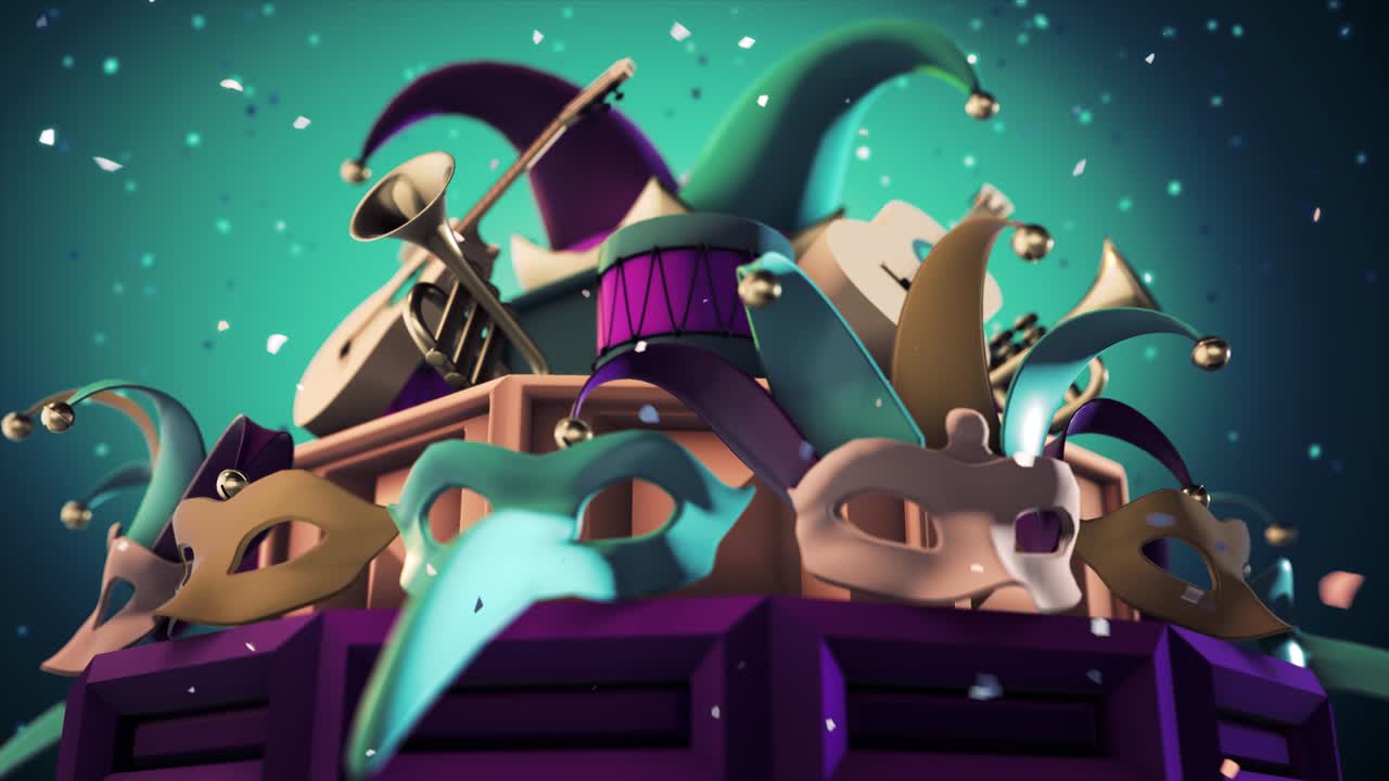 fondo de carnaval en bucle con máscaras instrumentos y confeti