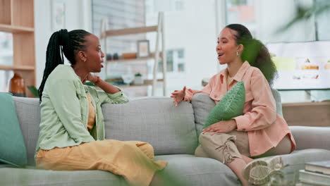 discussion, relax and girl friends on sofa