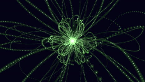 Strahlend-Grüne-Blume-3D-Rendering-Mit-Leuchtenden-Linien-Auf-Schwarzem-Hintergrund