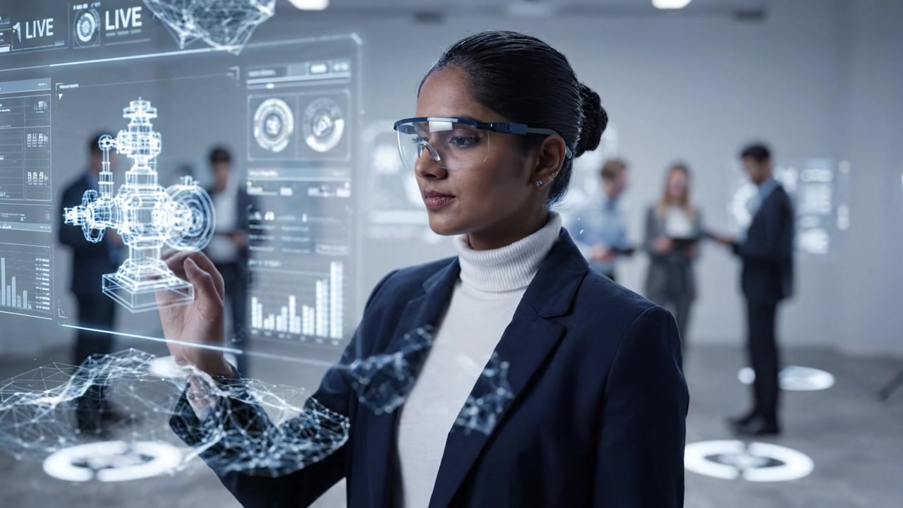 A focused professional utilizing augmented reality technology in a collaborative workspace, demonstrating innovation and engagement with digital interfaces and data analytics.