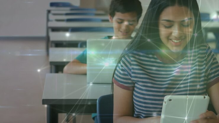 Animation of network of connections over happy diverse students using technology at school