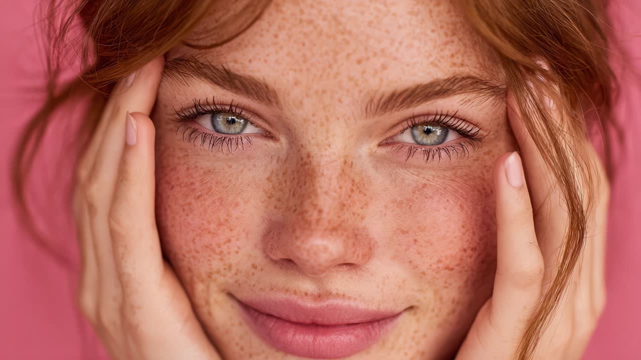 Ritratto accattivante di una giovane donna con le lentiggini, che mostra la bellezza naturale e gli occhi espressivi su uno sfondo rosa tenue.