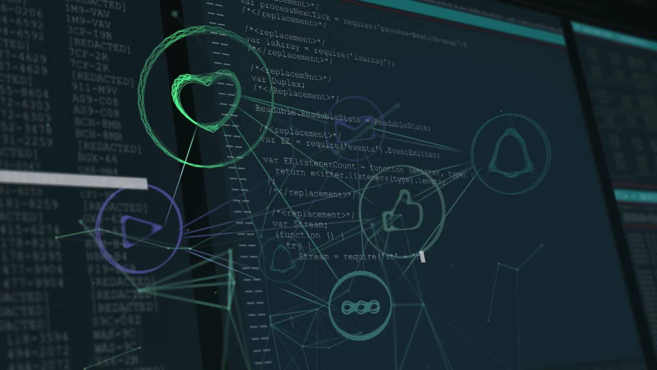 animación de la interfaz con iconos de redes sociales conectados e información que se mueve sobre un fondo negro