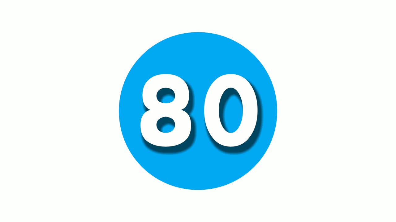 número 80 símbolo de señal animación gráficos de movimiento en círculo azul fondo blanco, número de video de dibujos animados para elementos de video