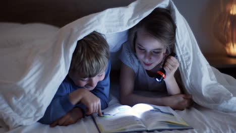 close-up view of cute little boy and her sister using a flashlight and reading a book under the blanket at night