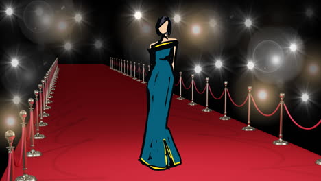 animación del dibujo de un modelo en la alfombra roja en un desfile de moda, sobre un fondo negro