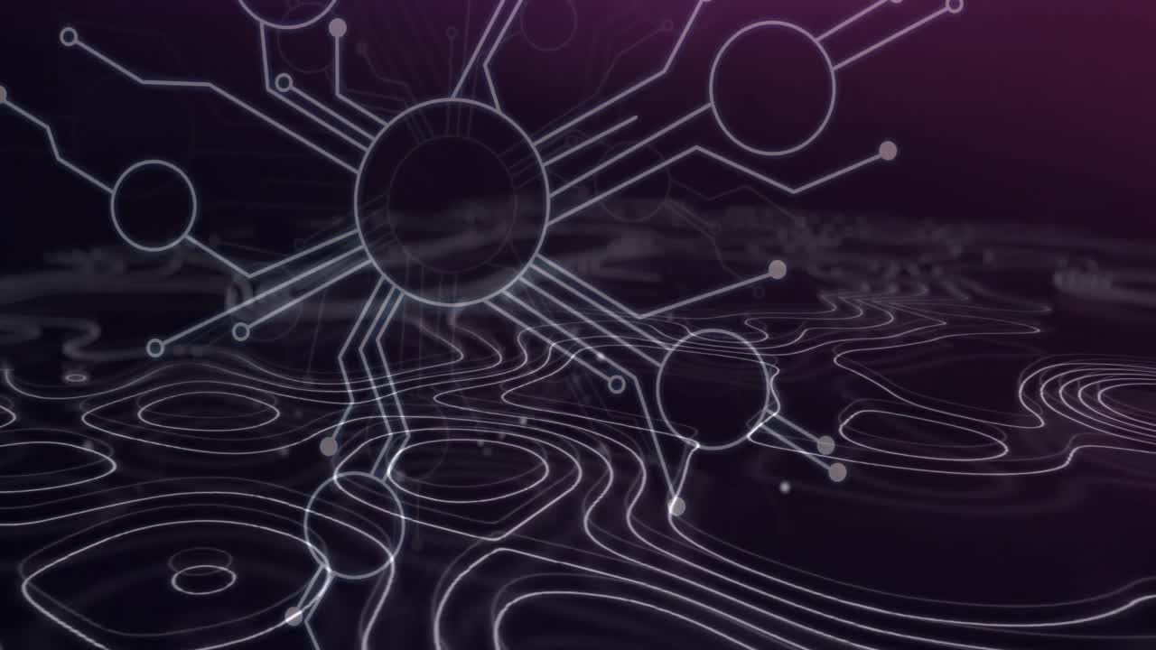 Animation of network of connections with icons with lines on purple background
