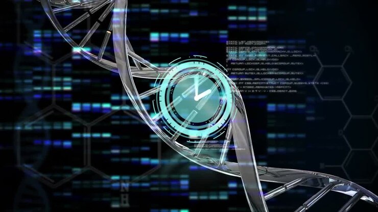 Animation of ticking clock, dna structure, data processing and mosaic squares on blue background