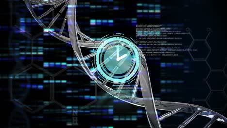 Animación-Del-Reloj,-Estructura-Del-ADN,-Procesamiento-De-Datos-Y-Cuadrados-De-Mosaico-Sobre-Fondo-Azul